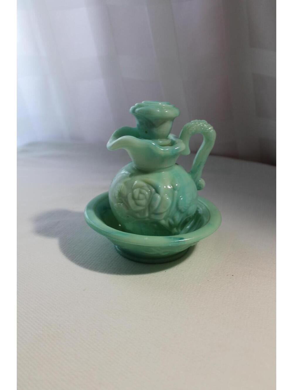 Vintage Avon "Victoriana" Jadeite Slag Glass Pitcher & Bowl, 1971